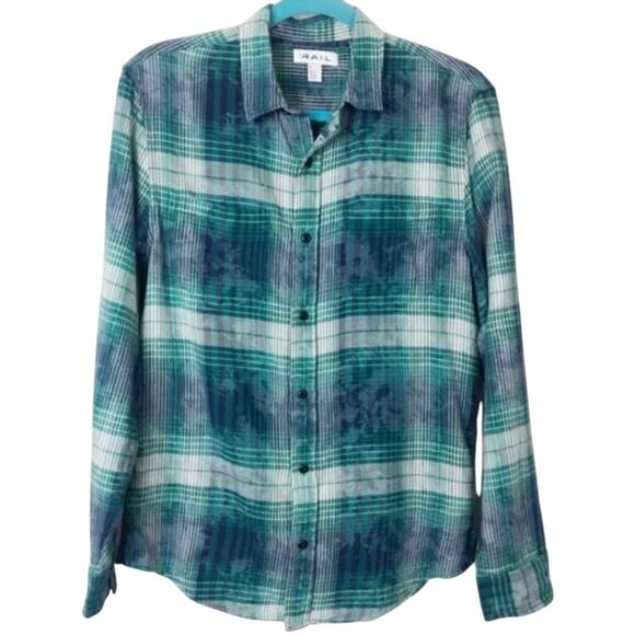 The Rail Button Up Shirt Men Size L Green Plaid Long Sleeve Pocket 100% Cotton - Picture 1 of 6